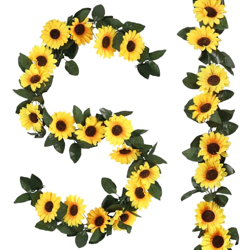 Beferr Sunflower Garlands Decor-2 Pack 7.5ft/Pcs Artificial Sunflower Vines Silk Hanging Flowers with Green Leaves for Wedding Birthday Party Home Wall Decorations