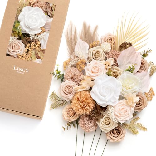 Ling's moment Fake Flowers Box, Faux Artificial Greenery Stems Foam Roses Dahlia Silk Hydrangea Peony Fabic Flower for Centerpieces Bouquet Wedding Vase Decorations, Boho & Nude, Deluxe Combo - color: Beg-boho & Nude, size: Deluxe