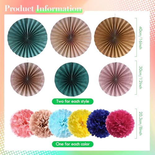 Kosiz 18 Pcs Boho Classroom Hanging Decoration Boho Paper Fans Soft Colored Pom Poms Country School Hanging Fans Tissue Paper Flower for Room Classroom Birthday Party Supplies Decoration - color: Pure Color