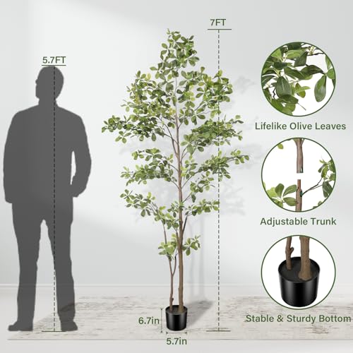 Faux Black Olive Tree 7ft, Artificial Shady Lady Tree with Natural Trunk and Realistic Leaves, Tall Floor Plants for Living Room Decor Home Office Indoor Pack of 1 - size: 7ft