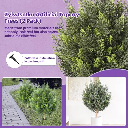 Artificial Cedar Topiary Ball Trees, Set of 2 Fake Shrub Bushes with Ground Spike, UV Resistant Artificial Cypress Trees, Evergreen Shrubs Bushes Faux Plants for Front Porch Garden Backyard - color: Cedar, size: with Ground Spike