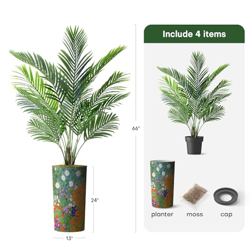 Artificial Tree in Colorful Flower Pattern Planter, Fake Areca Tropical Palm Silk Tree for Indoor and Outdoor Home Decoration - 66" Overall Tall (Plant Pot Plus Tree) - style: Areca Palm Tree