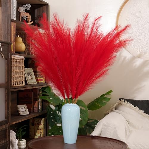 Premium Faux Red Pampas Grass – 43.3" Tall Fluffy Vibrant Decor, 8pcs 18-Branch One-Piece Stems No Assembly, Luxury Silk-Feel Feather Flowers for Valentine's Day Christmas Wedding Home Floor Vase - color: Faux Red, size: 8pcs 43.3"(110cm)