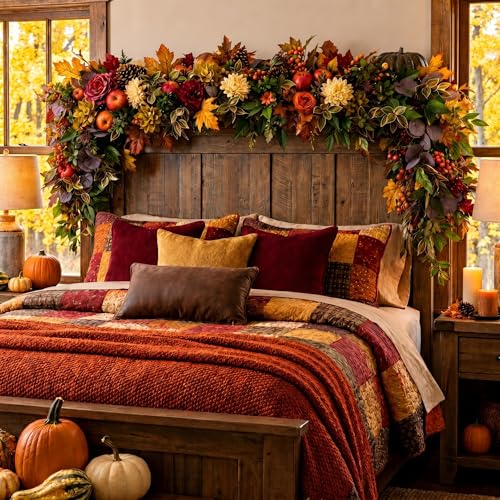 6 ft Fall Garlands for Mantle Autumn Artificial Maple Leaves Wildflowers Apple Berry Garland Fall Fake Harvest Decortable Centerpiece for Thanksgiving Fireplace Indoor Outdoor - style: Autumn