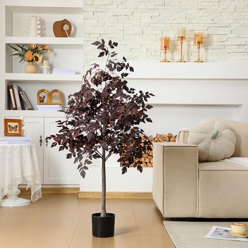 4ft Fall Plum Cimicifuga Stems Seeded Tree Artificial Thanksgiving Ficus Leaf Tree Plant Decor Autumn Halloween Faux Decor for Party Porch Fireplace Front Door Outdoor Indoor Decoration - color: Plum Color