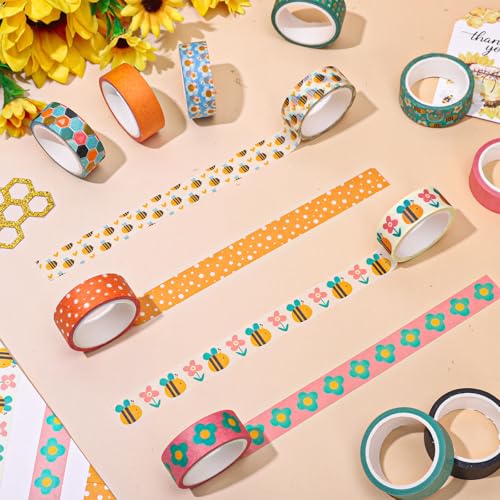 FYSUIMU 12 Rolls Boho Bee Washi Tape Back to School Honeycomb Heart Rainbow Flower Decorative Masking Tapes Set Cute Colorful Wrapping Paper Tape for Scrapbook Journal DIY Art Crafts - style: Bee