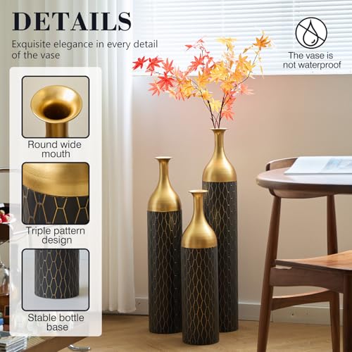 Floor Vases, Tall Home Decor Metal Vase Set of 3 Large Glazed Decorative Vases for Wedding Decor, Elegant Modern Flower Holder for Living Room, Entryway, Hallway - color: Diamond Black Gold