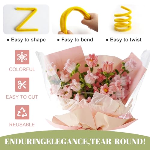 500PCS Pipe Cleaner Flower Kit,Bulk Pipe Cleaners Craft,Chenille Stems with Wrapping Paper for Mother's Day Graduation Birthday Wedding - color: Pink