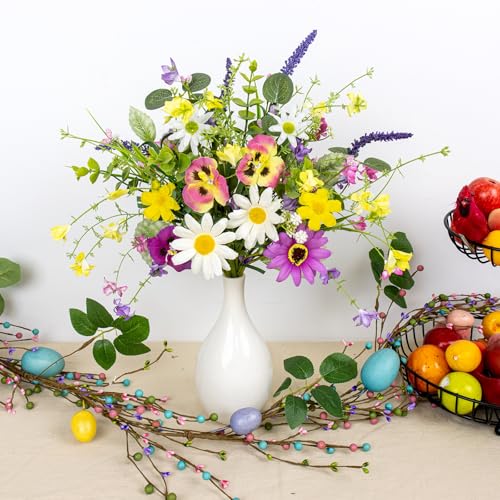 Artificial Spring Flowers 4 Pack Spring Flower Stems 17 Inch Floral Picks with Colorful Daisies Butterfly Orchids Lavender for Centerpieces Vases Floral Arrangements Summer Easter