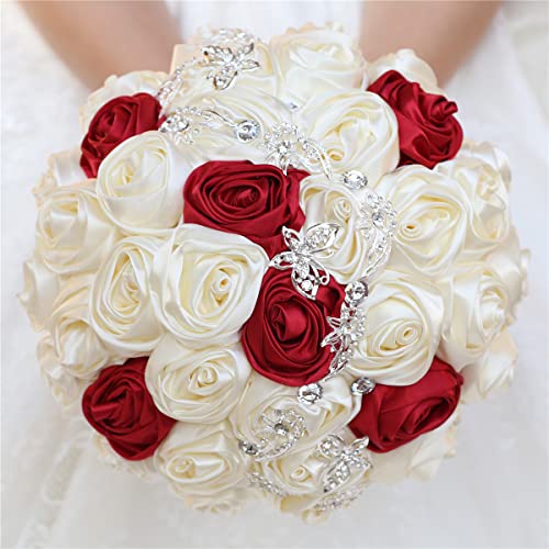 5.9" Mini Bridal Bouquet Handmade Satin Rose Round Wedding Bouquet Throw Toss Artificial Flower Bunch Ivory + Dark Red - color: W363 Ivory/Dark Red, size: 5.9"/15cm
