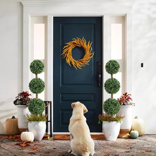 Damomo Artificial Topiaries Ball Trees Outdoor, 3.6ft Faux Boxwood Plants Topiary Triple Ball Tree(2 PCS), Fake Shrubs Trees Potted Decorative Indoor Porch or Garden（43inch） - size: 3ft 7in