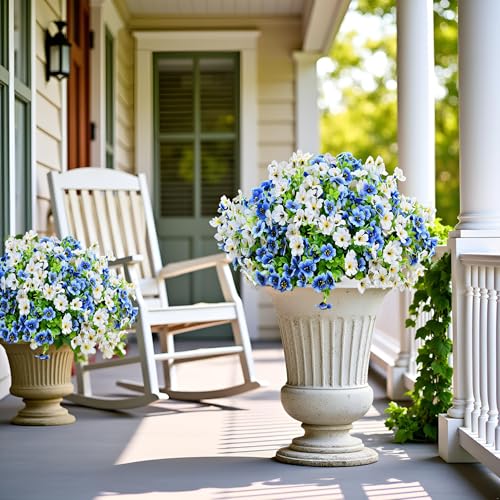 LADADA 6 Bundles Artificial Fake Flowers，Fake Blue Silk Daisy with Eucalyptus for Planter Pot UV Resistant Realistic for Outside Porch Home Patio Garden Decoration (White Blue) - color: White Blue