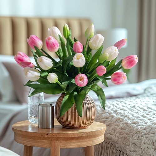 Bailikang 20PCS Fake Tulips Artificial Tulip Silk Flowers Fake PU Bouquet Artificial Flowers Faux Flowers with Gift Box Soft Faux Tulips Bouquets Arrangements for Party Wedding Home - color: White+pink
