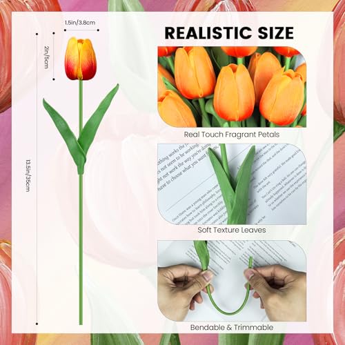 30 PCS Artificial Tulips Real Touch Tulips 13.5inch Long Stem Fake Flowers Silk Flowers for Spring Easter Mother's Day Decorations (Sunset) - color: Sunset
