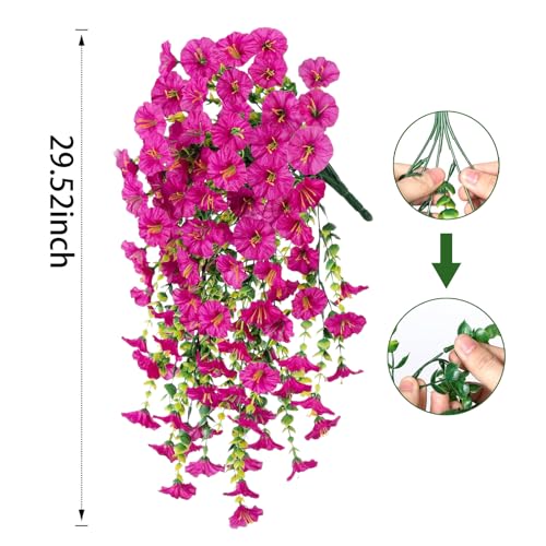 Hanging Morning Glory Artificial Flowers for Outdoors,Faux Plant,Decoration Plastic Flowers for Outside,Garden,Home Decor,Wedding Events,Patio,Porch,Yard(Fuchsia,2 Bunches/4Pcs) - color: Fuchsia, size: 2 Bunches/ 4Pcs