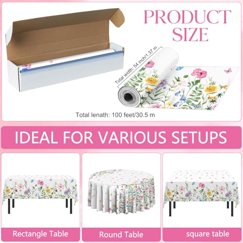 4.5x100 Feet Roll of Spring Floral Plastic Tablecloth,Pink Purple Blue Flower Butterfly Disposable Table Cover Summer Spring Photography Backdrop for Holiday Weeding Birthday Tea Party Decorations - size: 1181" x 54" (Rectangular)