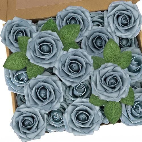N&T NIETING Artificial Flowers with Stems, 25pcs Foam Roses Fake Flowers Perfect for DIY Wedding Bridal Bouquets Centerpieces Home Flower Arrangement Party Tables Decoration, Dusty Blue Gray - color: Dusty Blue, size: 25pcs
