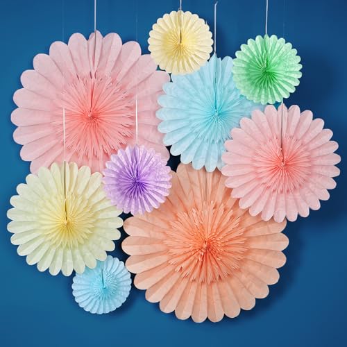 9PCS Huge Pastel Hanging Paper Fans Decoration Macaron Birthday Party Decorations Rainbow Ice Cream Easter Paper Hanging Decor for Bridal Baby Shower Classroom Home Decor - color: Pastel