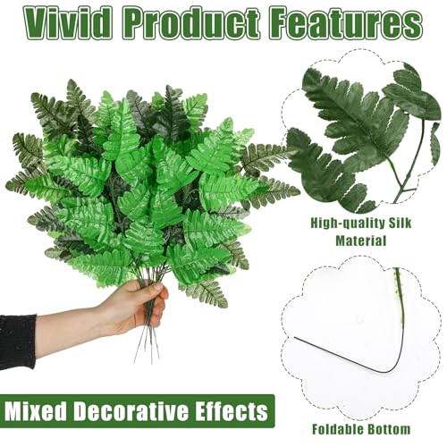 Zeyune 48 Pcs Spring Artificial Silk Leather Leaf Fern Stems 4 Styles Wedding Greenery Faux Leaves Pick 15.8 Inch 14.6 Inch Cemetery Leaf Plant Bouquet for Wedding Decor Garden Room Porch Decor