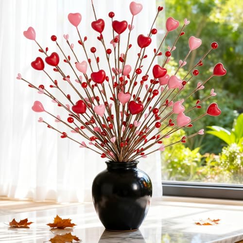 6 Pcs Artificial Berry Stems Pink Red Heart Shaped Flowers for Vase, Faux Branches for Wedding Anniversary Valentine’s Day Romantic Home Table Centerpieces Decor