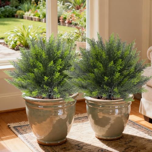 Bdor 24" Artificial Cedar Topiary Bush with Ground Stake, UV Resistant Fake Cedar Shrubs for Outdoors, Weatherproof Faux Greenery Plants for Garden, Patio, Yard, 2 Pack - style: cedar