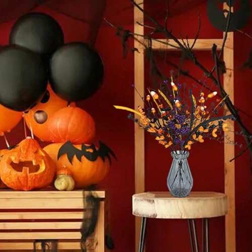6 Pack Artificial Halloween Floral Picks Purple Orange Black Berry Stems Halloween Tree Branches with Candy for Halloween Party Flower Arrangement Centerpieces