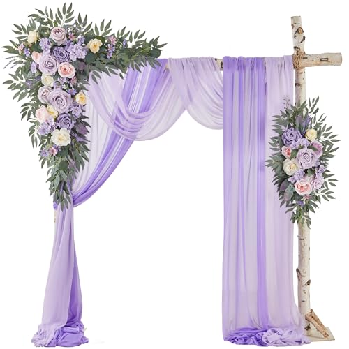 Wedding Arch Flowers with Drapes Kit (Pack of 4) - 2pcs Artificial Lilac Deluxe Swag with 2pcs Sheer Drapes for Wedding Ceremony Arbor Reception Backdrop Rose Floral Decoration - color: Lilac