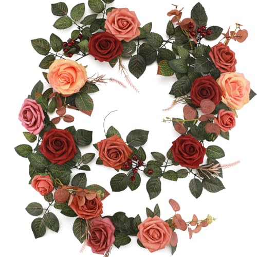 Senseya 5FT Artificial Rose Flower Garland - Terracotta Fake Floral Vine with Rose Leaves, Runner Rustic Flower Garland for Wedding Arch Backdrop, Table Runner Centerpieces, Party Home Mantel Decor - color: Sunset Terracotta