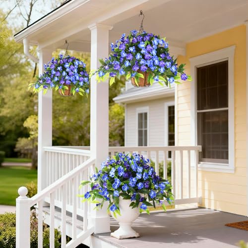 Hommyea Artificial Flowers for Outdoor, 2 Bundles UV Resistant Fake Plants Decoration Realistic Faux Silk Flowers No Fade Plastic Flowers for Outside Planters Home Porch Patio Yard Garden Decor - color: Deep&light Blue