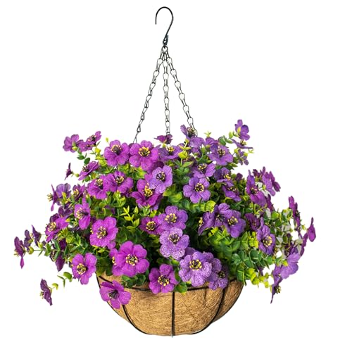Artificial Hanging Flowers for Outdoors with Basket,UV Resistant Realistic Faux Hanging Plants Outdoor Artificial Flowers for Outdoors Basket for Yard Porch Patio Garden Home Decor,12 Bundles Mix - color: Purple+fuchsia