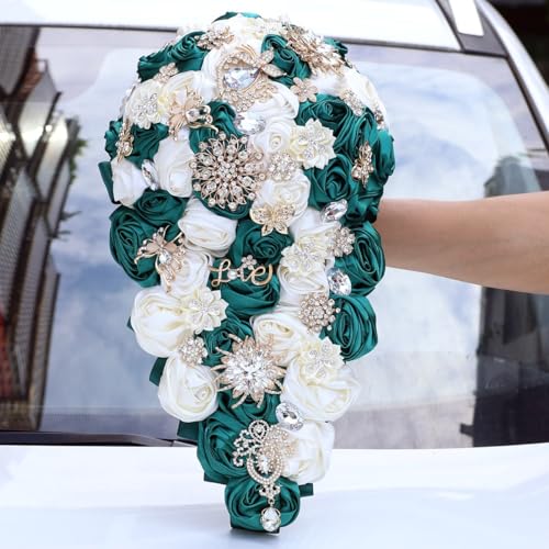 Luxury Cascade Bridal Wedding Bouquet Satin Rose Waterfall Holding Bouquet Artificial Flower Bunch for Bride Bridesmaid(Dark Green & Ivory, 15" x 7.5") - color: Dark Green & Ivory, size: 15"L x 7.5"W(38cm x 19cm)