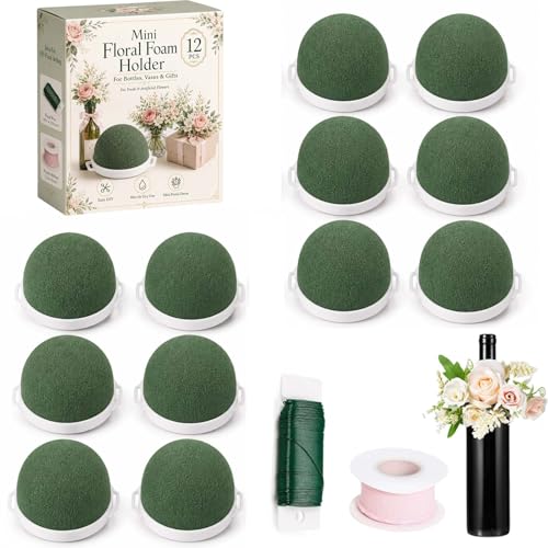 Floral Foam Holder for Fresh Flowers, Mini Half Ball Flower Foam with Base, Florist Foam for Wine Bottle Vase Decor, Dry Artificial Flower Supplies (12Pcs+1Wire+Ribbon)