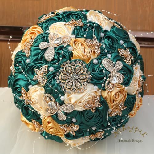 Handmade Wedding Flowers Bouquet Round Holding Bridal Bouquet Artificial Satin Roses Bunch for Bride Bridesmaid Wedding Quinceanera - color: Dark Green, Cream & Light Gold, size: Medium (Dia. 8.7"/22cm)