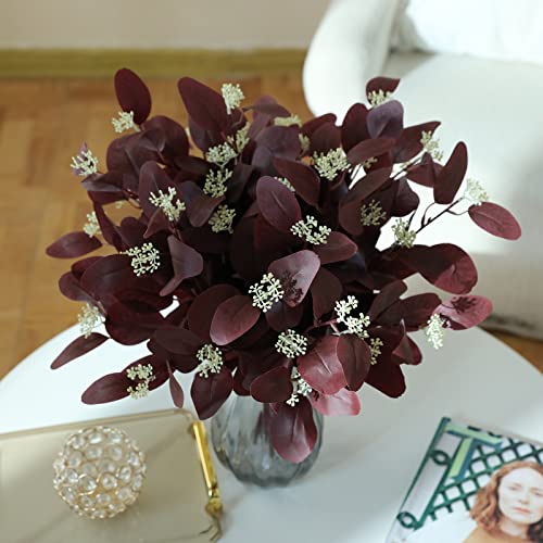 dallisten 20" Silk Artificial Eucalyptus Stems, 12Pcs Fake Eucalyptus Stem with Leaves Berries, Greenery Plants Floral Decorations for Wedding Party Flowers Arrangement Home Decor (Burgundy) - color: Burgundy