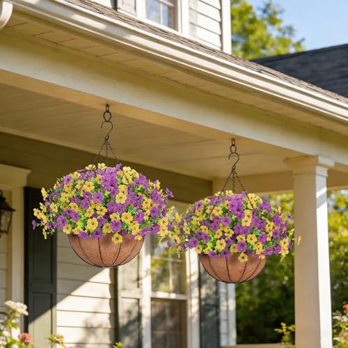 Artificial Fake Hanging Flowers Plants Basket Outdoors, Faux Silk UV Resistant Look Real Daisy Eucalyptus for Spring Summer Garden Porch Home Patio Balcony Yard Decorations, Yellow Purple - color: Yellow and Purple