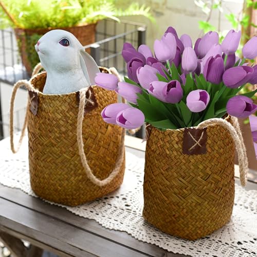 Artificial Tulips Flowers Fake Latex Tulip Stems - 30pcs Real Touch Faux Multicolor Tulips Flower for Easter Spring Wedding Bouquet Centerpiece Floral Arrangement Cemetery Table Decor - color: Purple, Lavender Purple