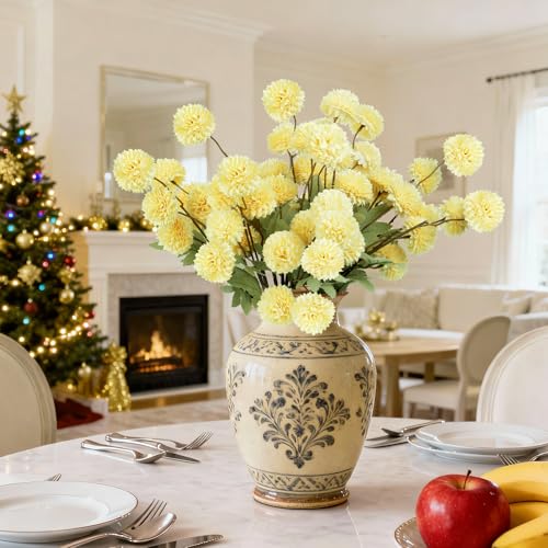 INQCMY Artificial Flowers 12 Pcs Fake Chrysanthemums Faux Kiku Yellow Flowers Long Stem 20" Realistic Silk Pompon Mums for Vase Wedding Bouquets Centerpieces Home Decor - color: Yellow