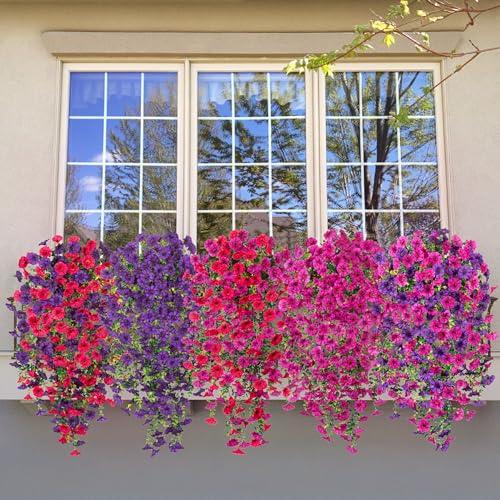 Artificial Hanging Petunias Flowers for Outdoor, 2pcs Fake Plants Long Vine Morning Glory Eucalyptus, UV Resistant Realistic Faux Greenery Indoor Outside Patio Porch Garden Spring Summer Decor, Purple - color: Dark Purple Light Purple