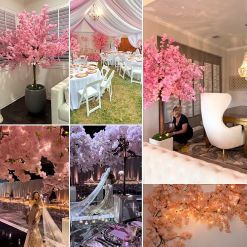 6FT Pink Artificial Cherry Blossom Tree with Warm LED Light, Handmade Reslistic Cherry Tree Prelit Christmas Tree for Indoor & Outdoor Decor for Garden, Wedding & Home (1.8M/8 Trunks) - size: 6 ft