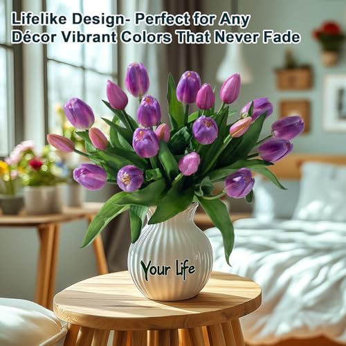 Bailikang 20PCS Fake Tulips 12' Artificial Tulip Silk Flowers Fake PU Bouquet Artificial Flowers Faux Flowers with Gift Box Soft Faux Tulips Bouquets Arrangements for Party Wedding Home - color: Purple