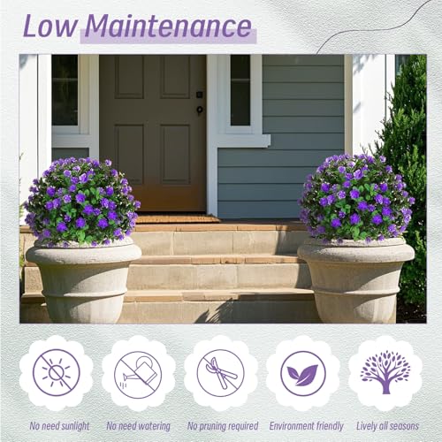 Yunlly Set of 6 Artificial Boxwood Topiary Ball Tree 16 Inch Outdoor Topiary Tree with Flower Fake Bushes, UV Resistance Faux Shrubs Evergreen Plant with Spike for Front Porch Indoor Decor (Purple) - color: Purple