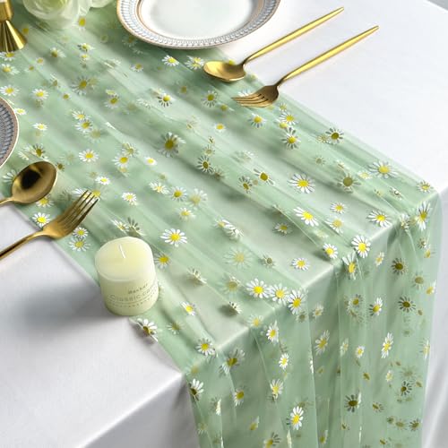 Daisy Gauze Table Runner 120 Inch 10FT, Floral Flower Tulle Table Runner Seasonal Kitchen Dining Table Decorations for Party Wedding Christmas Holiday Birthday (Green) - color: Green