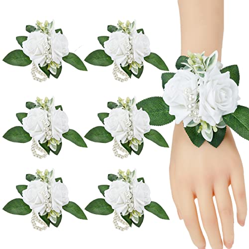 Ivory White Wrist Corsages 6Pcs Faux Rose for Wedding Prom | Artificial Corsage for Prom Wedding Anniversary Dinner Party Homecoming Formal Engagement Graduation for Bride Bridesmaid - color: 6 Pcs Wrist Corsages White#2