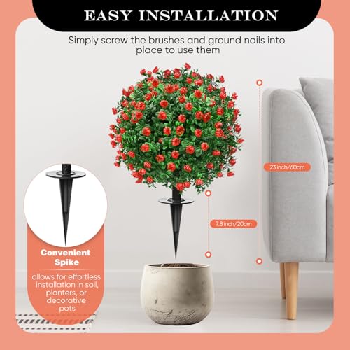 FAJUNZH Artificial Topiary Bushes for Outdoors with Spike, Boxwood Ball Fake Shrubs UV Resistant Faux Plants for Indoor Outdoor Fall Thanksgiving Halloween Decor (Artificial Boxwood Ball Bush-Red) - color: Artificial Boxwood Ball Bush-red