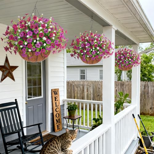 Ammyoo Artificial Faux Hanging Plants Flowers Basket for Spring Outdoor Decoration, Fake Silk Daisy UV Resistant Look Real with Eucalyptus Leaves Summer Outside Decor for Home Patio Garden - color: Purple Purple-red White-boxwood