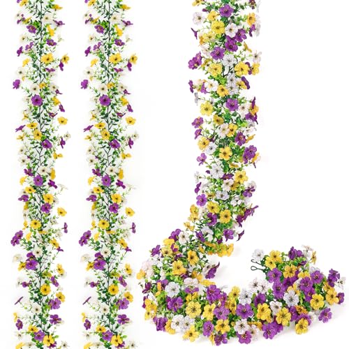 2 Pack Artificial Daisy Flower Garland,5.9FT UV Resistant Fake Floral Vine Silk Hanging Spring Wild Flower Garland for Home Mantle Garden Wedding Booth Backdrop Decor (White Yellow Purple) - color: White Yellow Purple, size: 2PCS