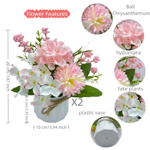 2 Potted Pink White Hydrangea Artificial Flowers Indoor Fake Plant Bathroom Accessories Decor，Faux Silk Flowers Arrangement in Vase Centerpieces for Tables Dresser Shelf Decor Aesthetic - color: Pink