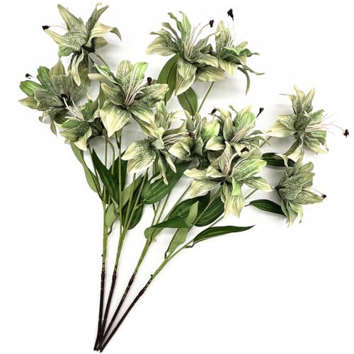 Artificial Lily Flowers, Vintage Fake Silk Flower Long Stems Stargazer Lilies Real Touch Faux Plants Tiger Bouquets for Home Decor Indoor Wedding Party Floral Arrangement DIY Decoration - Green 4 Pack - color: Lily Flowers - Green 4 Pcs