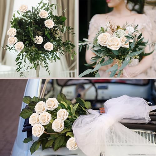 100PCS Champagne Realistic Roses - Artificial Latex Foam Flowers with Bendable Stems & 24PCS Leaves for Wedding, Home and Party DIY Decor - color: Champagne, size: 100