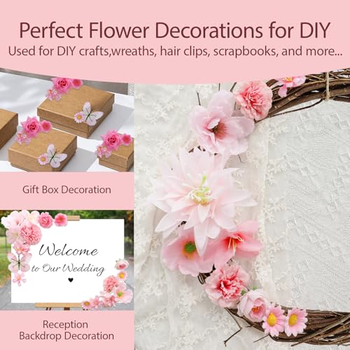 Artificial Flowers Heads Pink Silk Faux Flower Heads Fake Roses Peonies Lily Daisy Flowers Bulk for DIY Craft Cake Wedding Party Bridal Baby Shower Graduation Cap Table Home Decoration - color: Pink